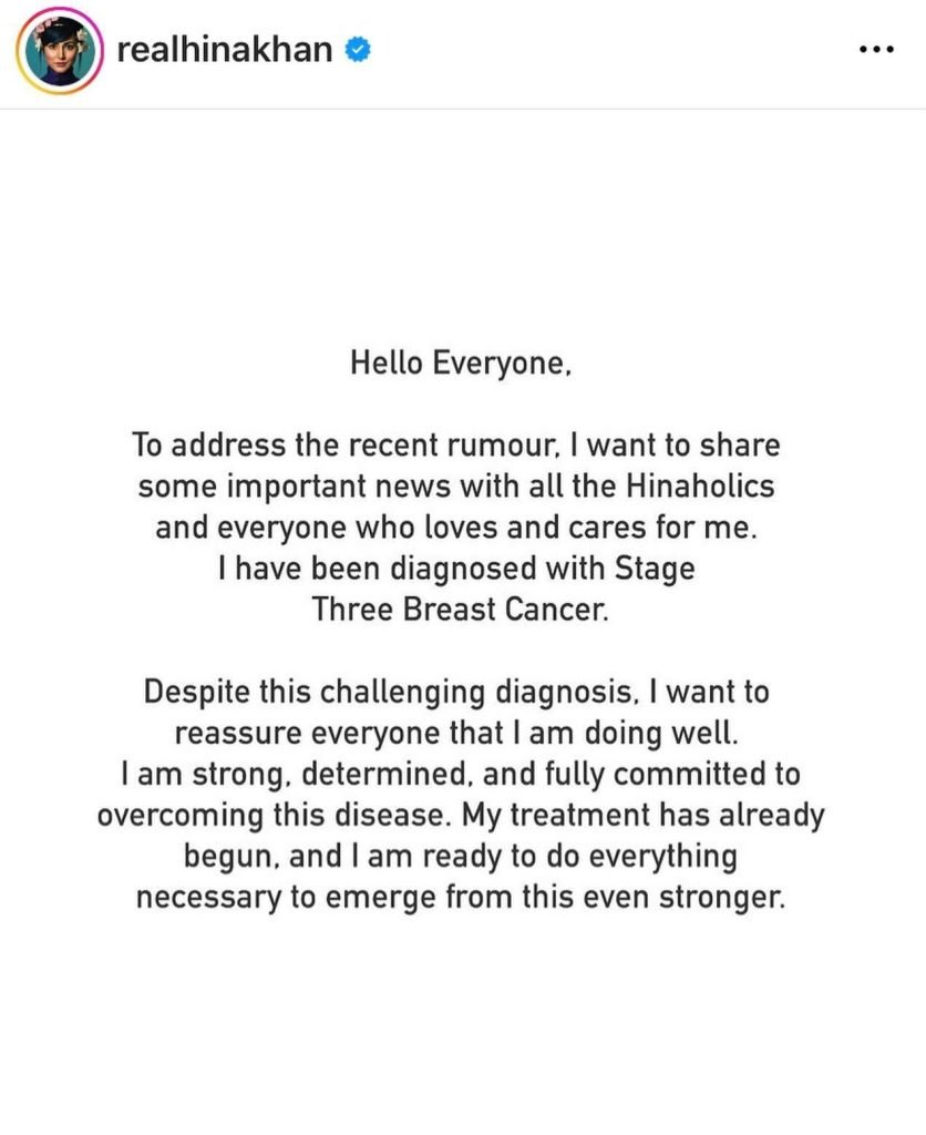 HINA KHAN DIAGNOSED WITH STAGE 3 BREAST CANCER 2 HINA KHAN DIAGNOSED WITH STAGE 3 BREAST CANCER